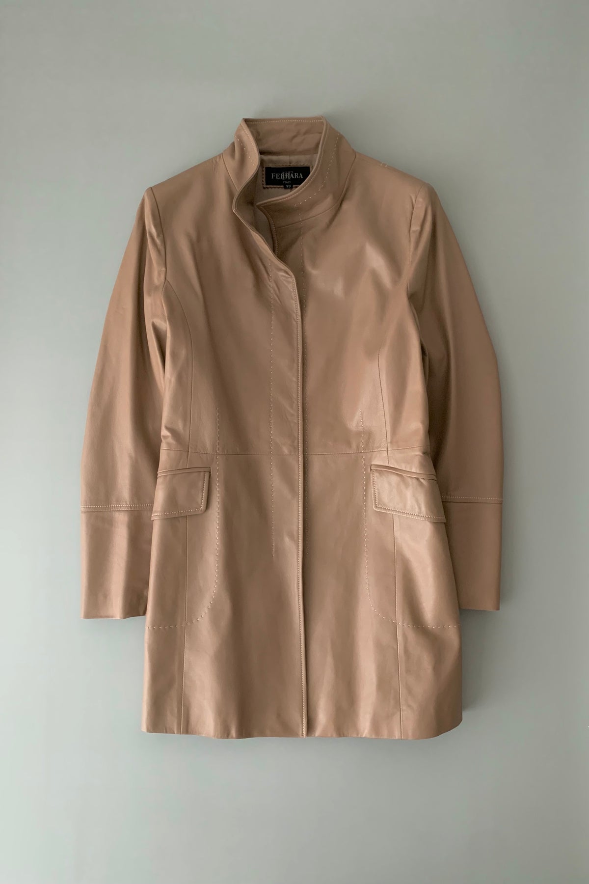 pink brown lamb leather stitch coat