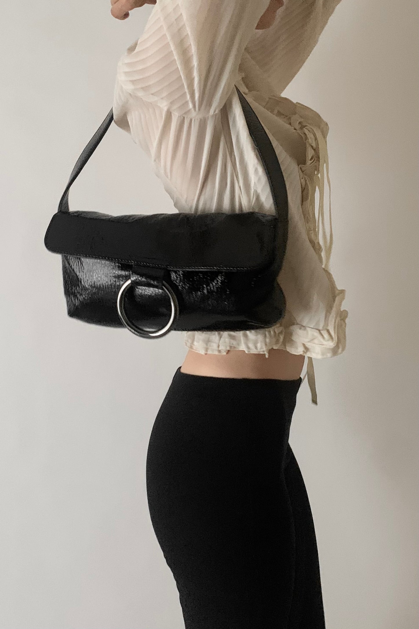 black enamel leather silver ring bag
