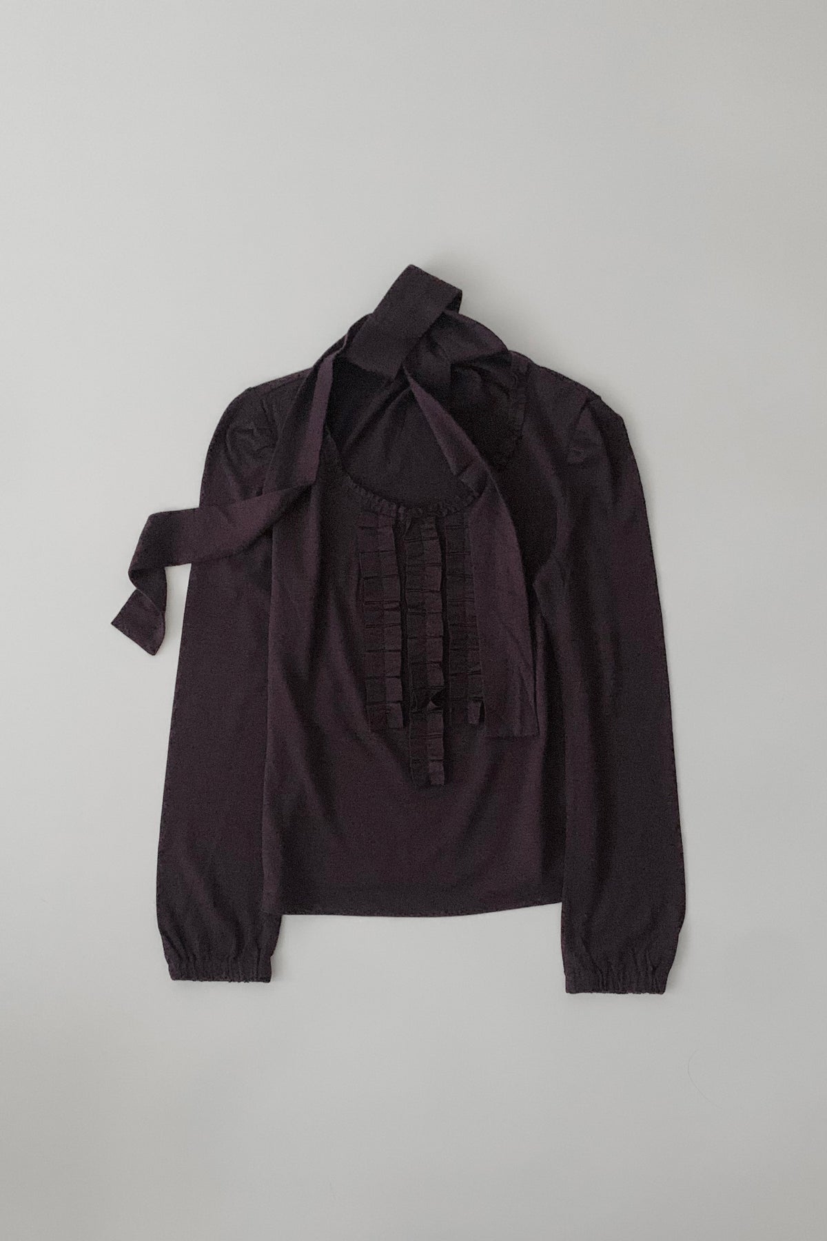 purple tie frill wool blouse