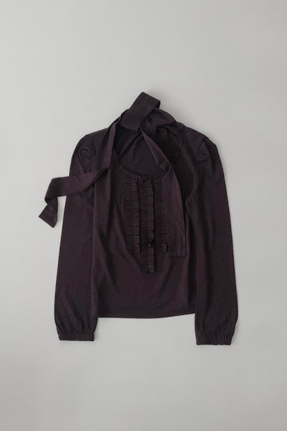 purple tie frill wool blouse