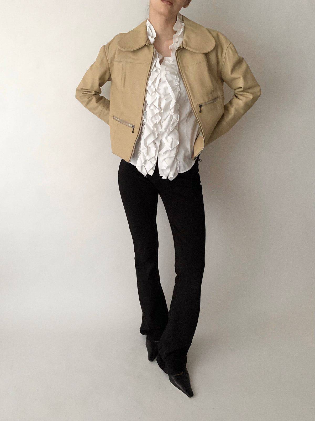cream leather round collar jacket