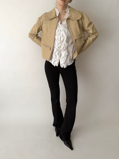 cream leather round collar jacket