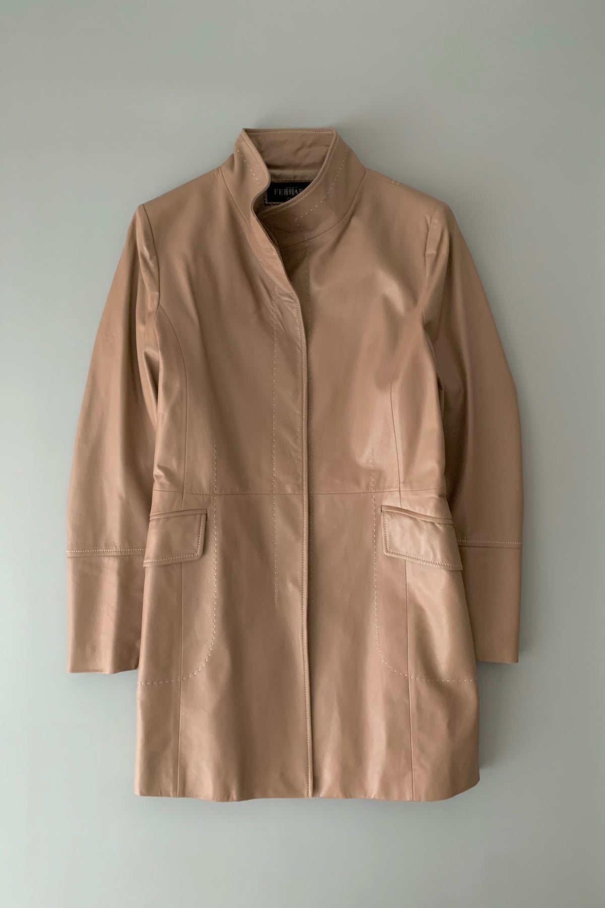 pink brown lamb leather stitch coat