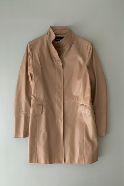 pink brown lamb leather stitch coat