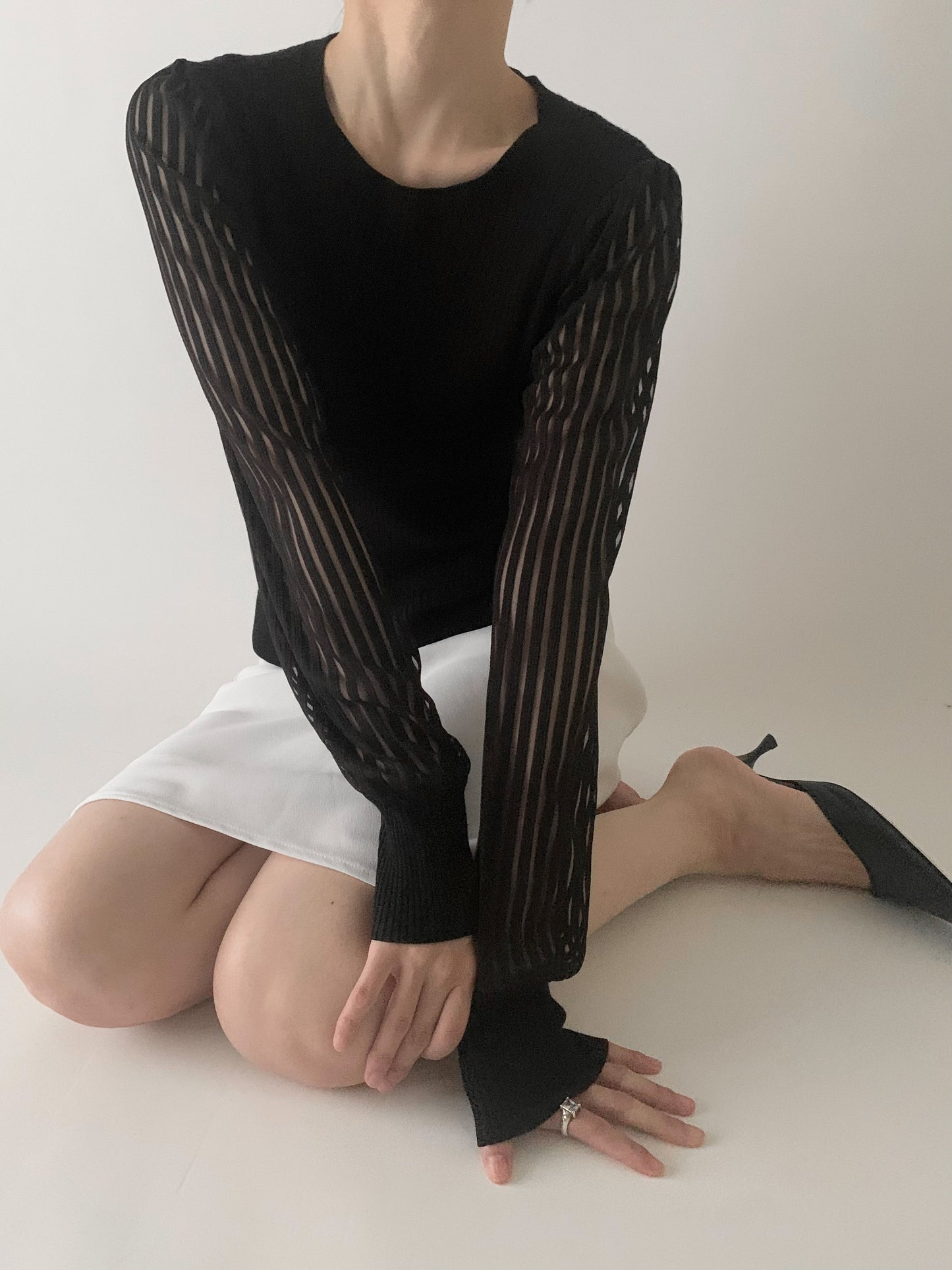 DKNY black sleeve sheer stripe knit tops