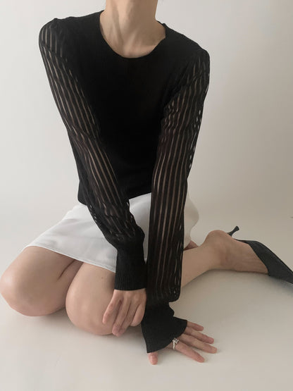 DKNY black sleeve sheer stripe knit tops