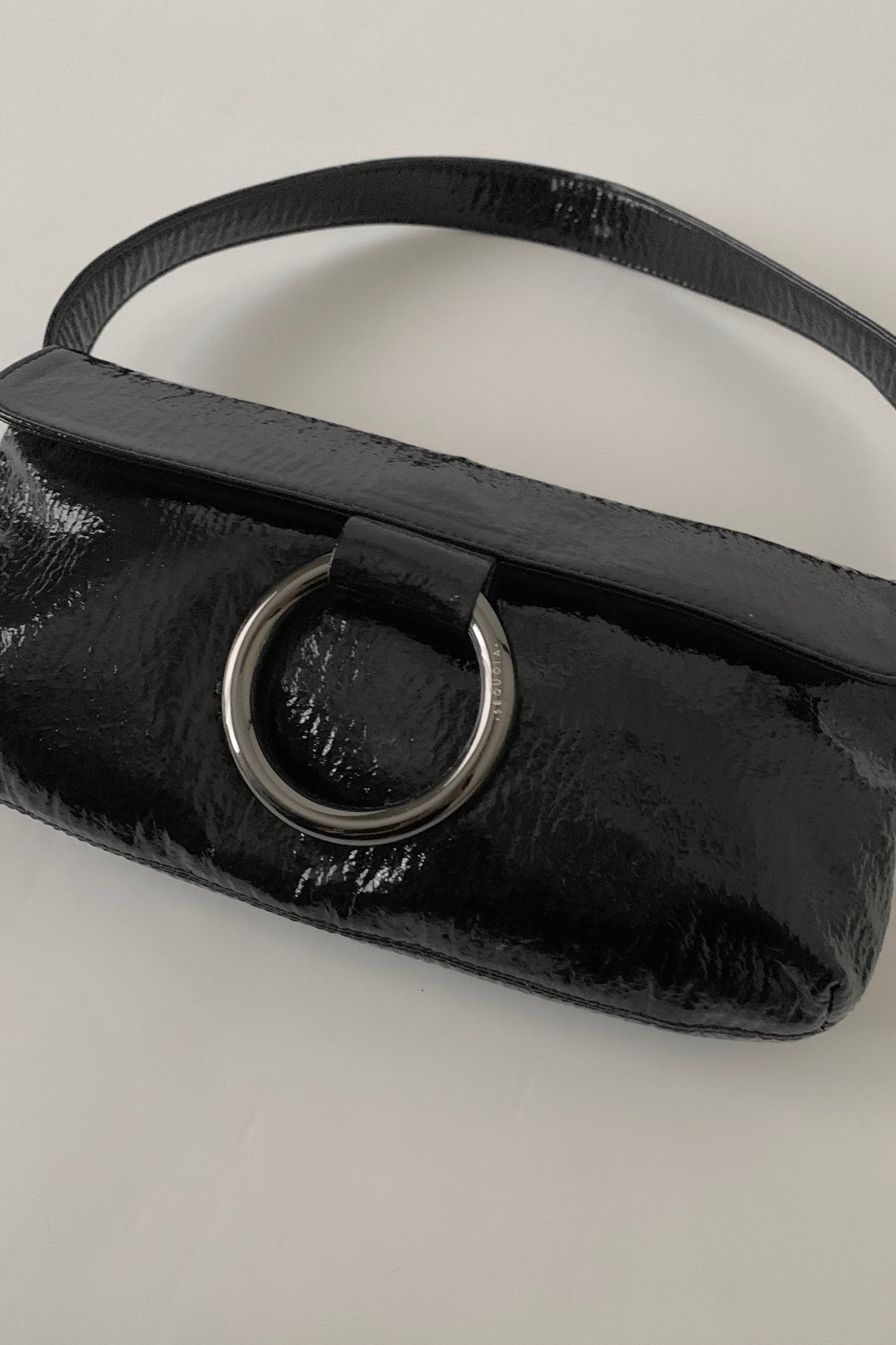 black enamel leather silver ring bag