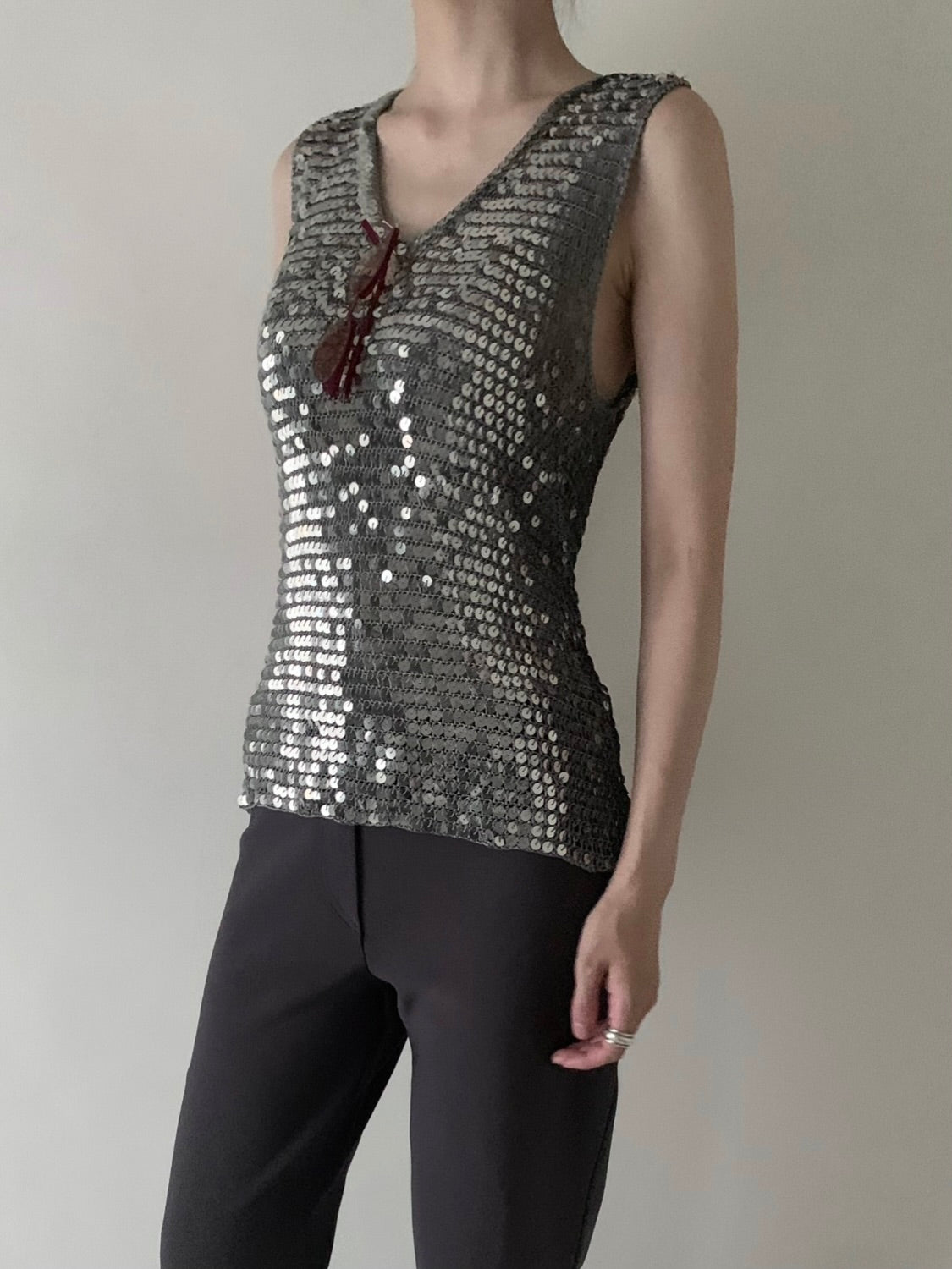 gray sequins v neck tops