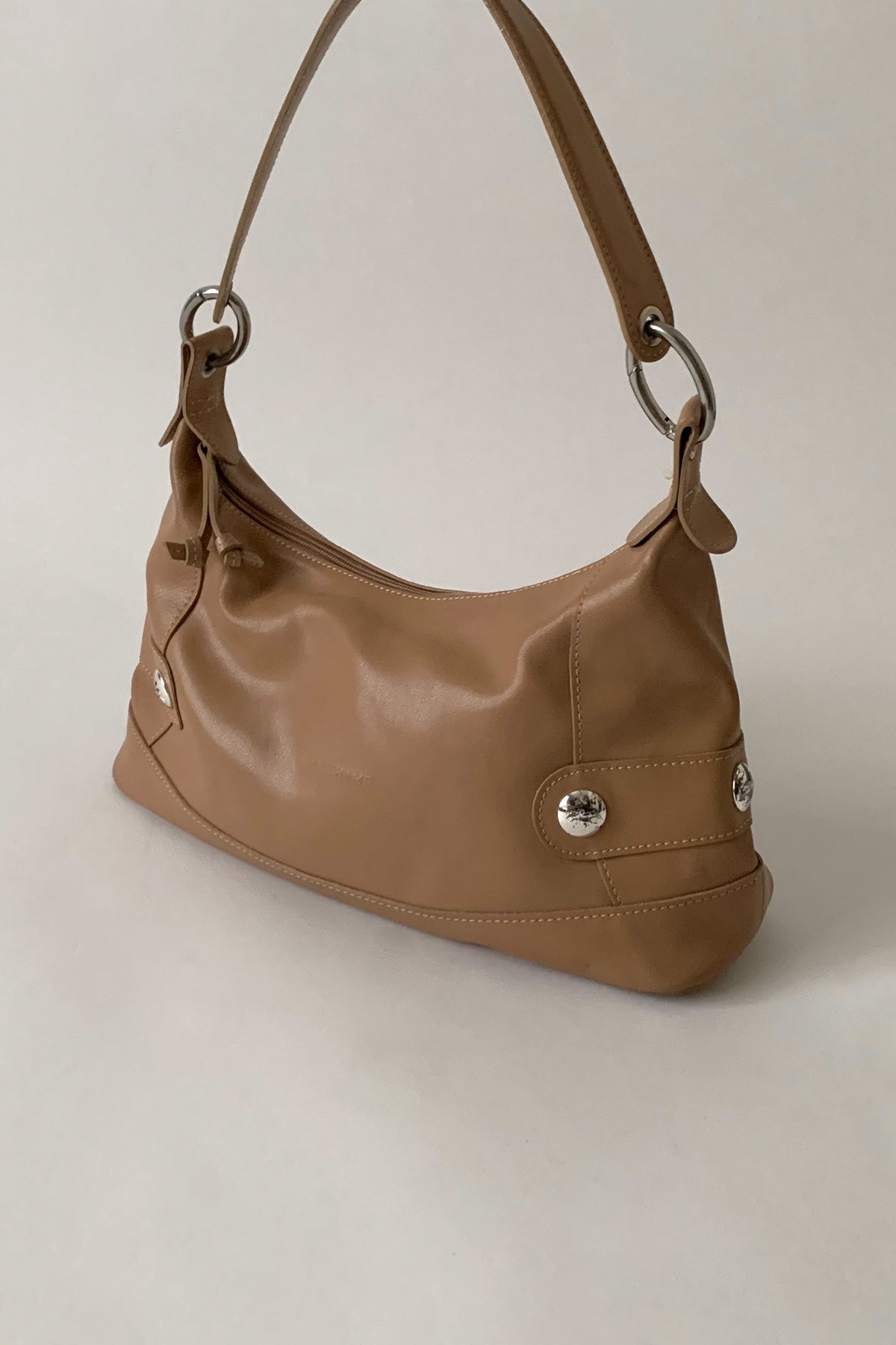 camel brown leather silver pointed bag