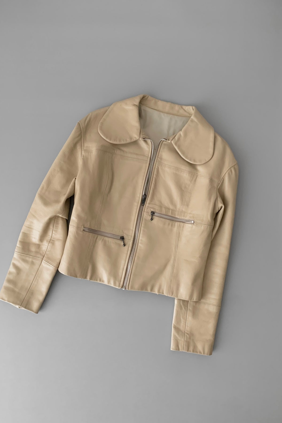 cream leather round collar jacket