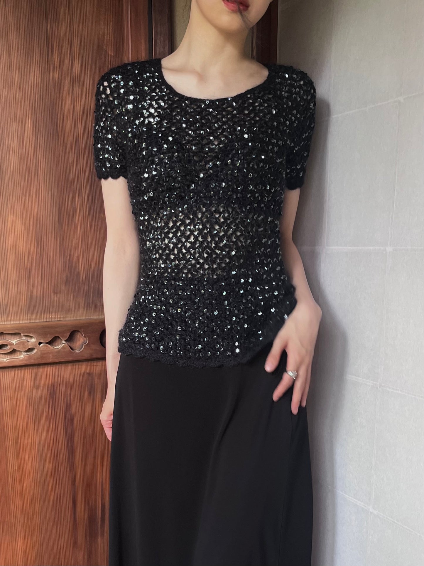 black mohair sequins knit tops