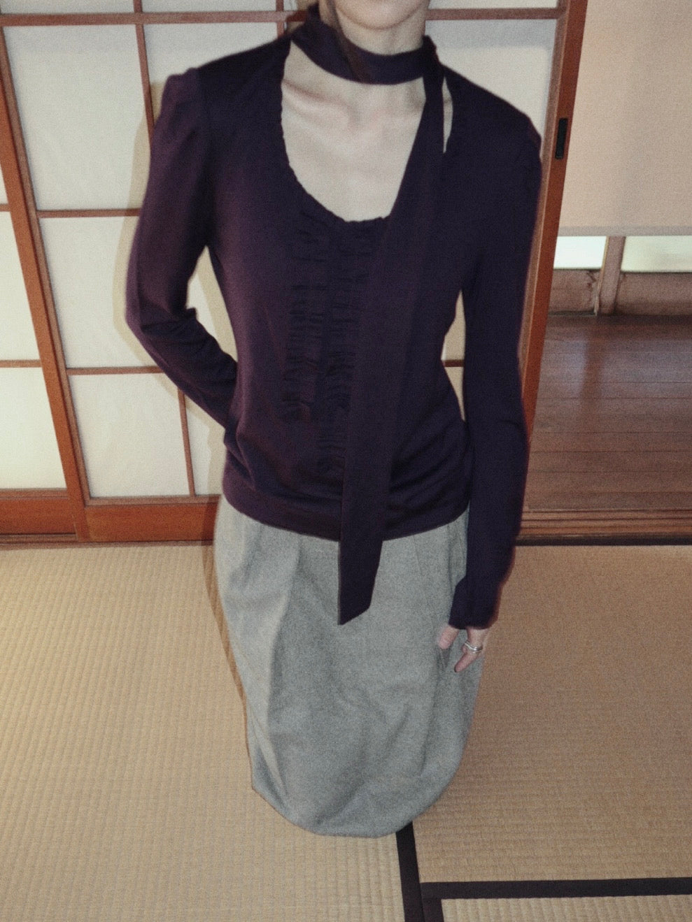 purple tie frill wool blouse