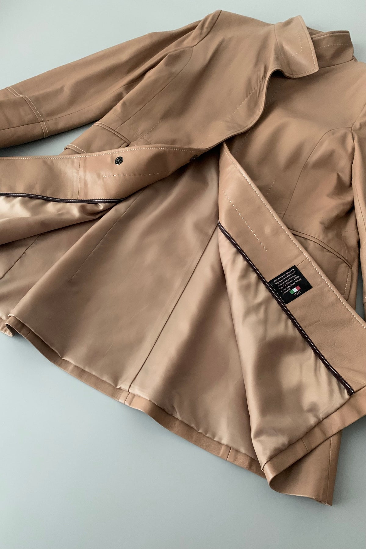 pink brown lamb leather stitch coat