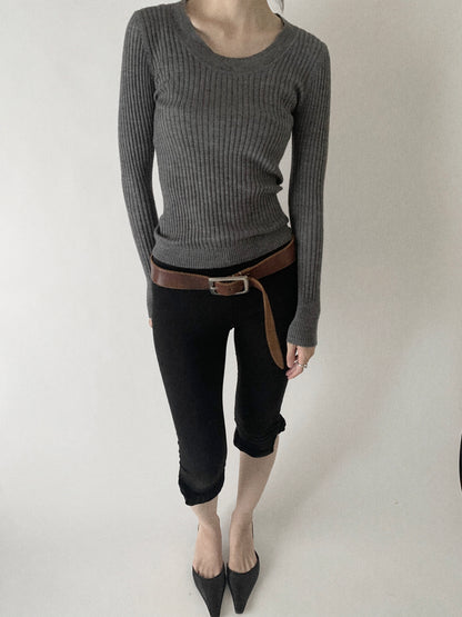 gray rib round neck knit tops