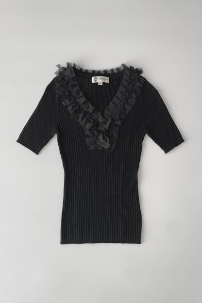 black wool v neck lace knit tops