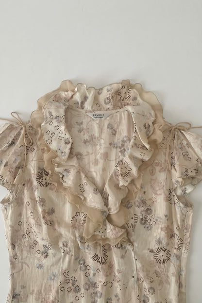 beige flower frill blouse