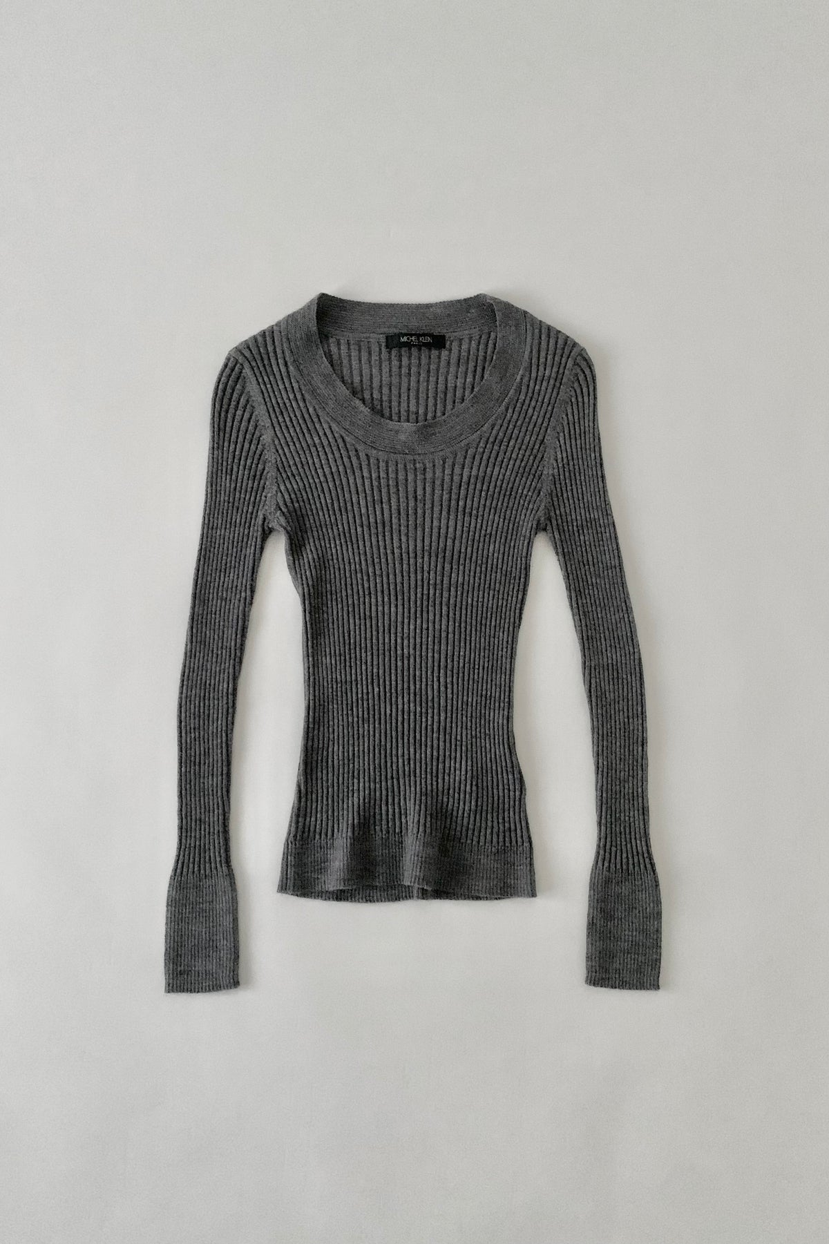 gray rib round neck knit tops
