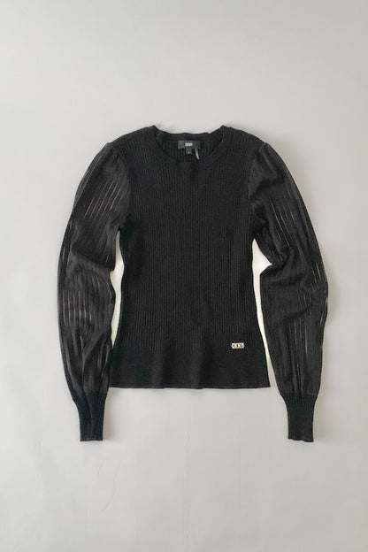 DKNY black sleeve sheer stripe knit tops