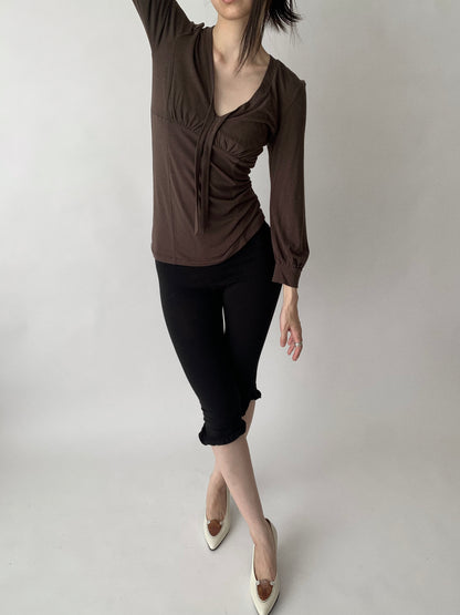 khaki brown v neck puff sleeve tops