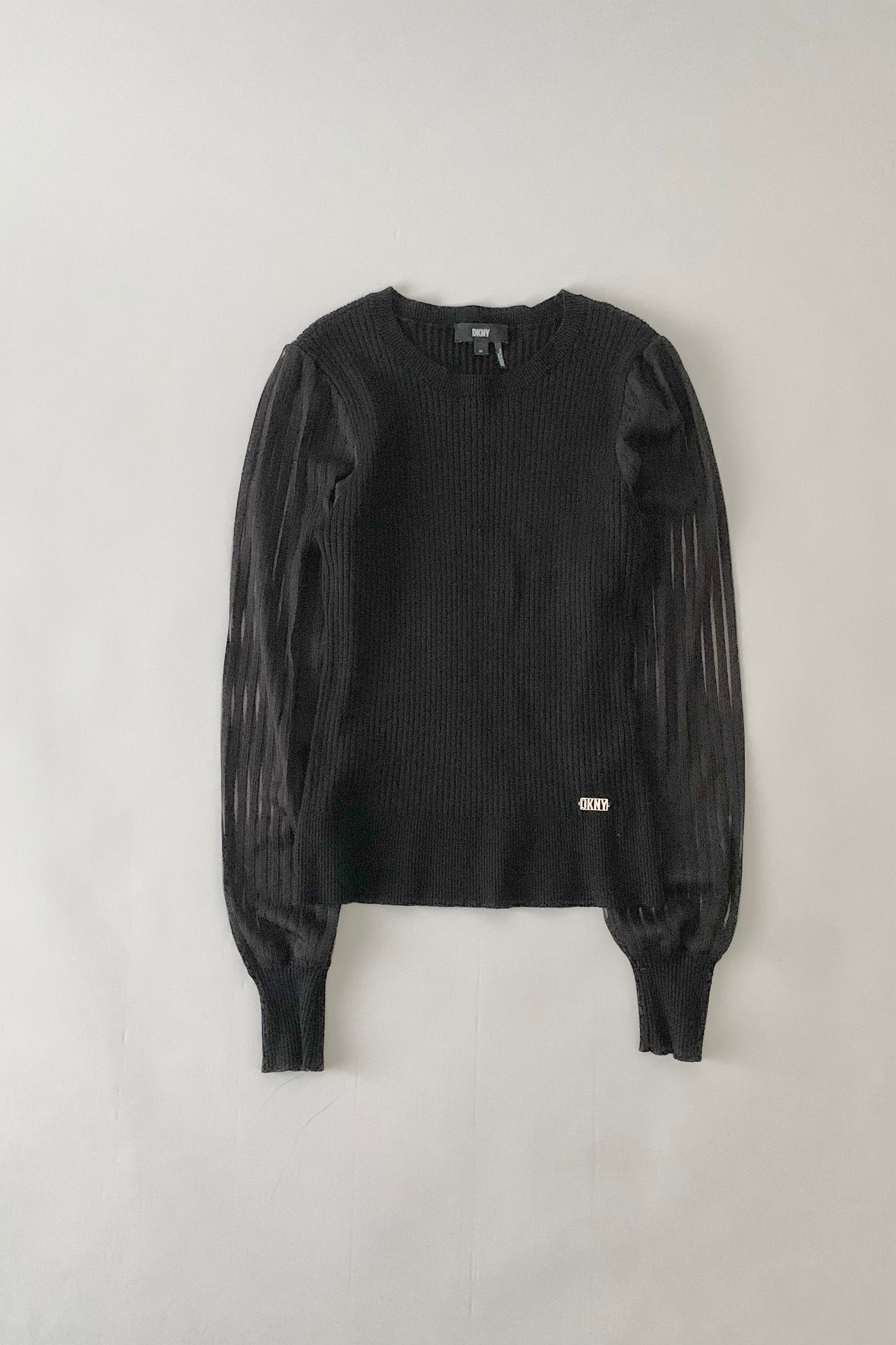DKNY black sleeve sheer stripe knit tops