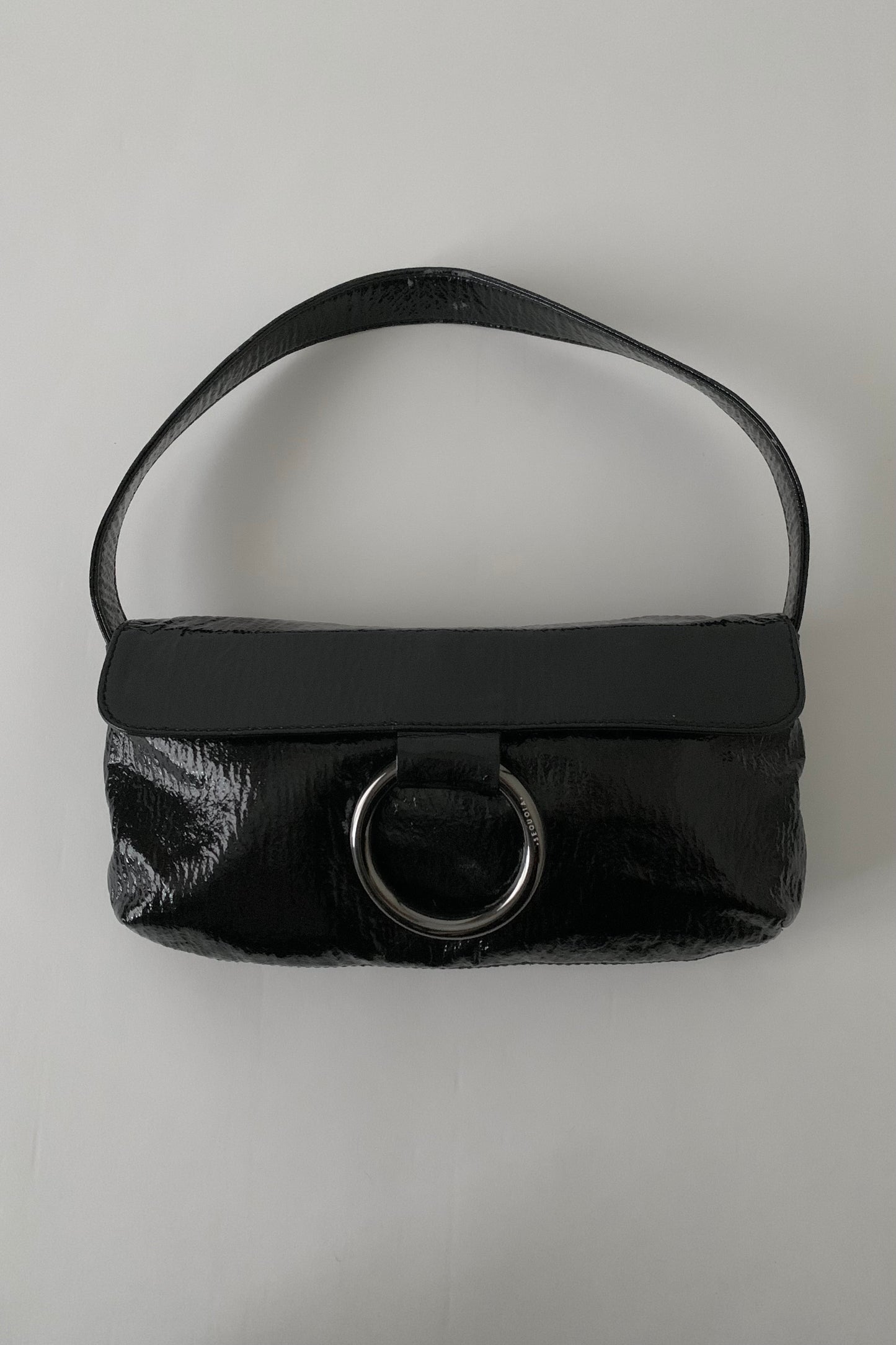 black enamel leather silver ring bag