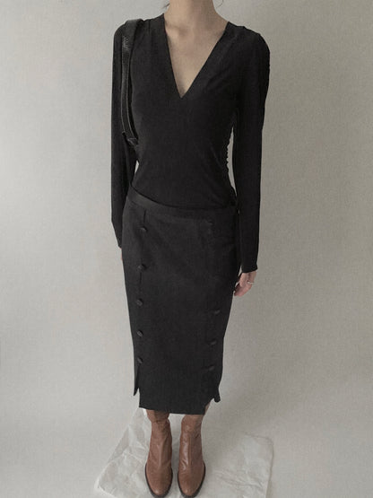 black satin double buttons skirt