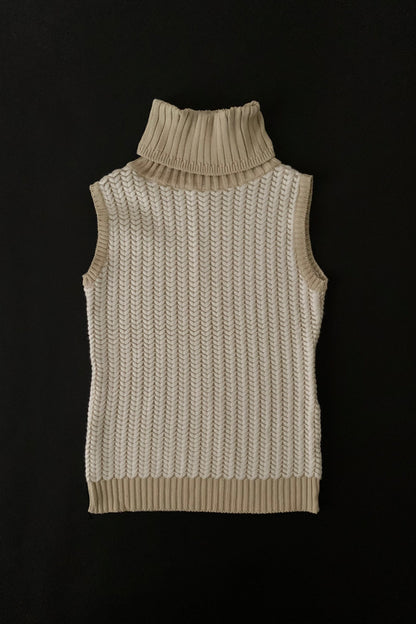 beige herringbone high neck knit vest