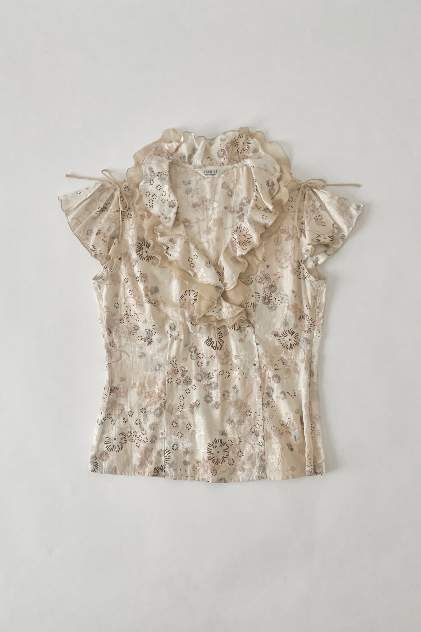beige flower frill blouse