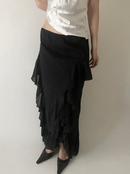 usa black frill long cotton skirt
