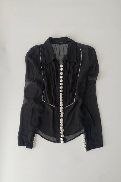 black sheer white buttons shirt
