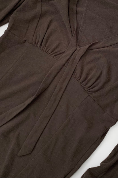khaki brown v neck puff sleeve tops