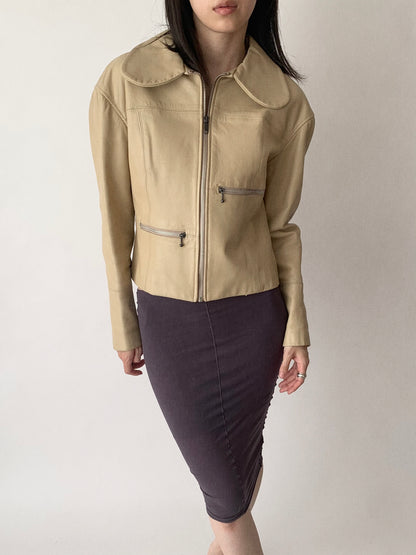 cream leather round collar jacket