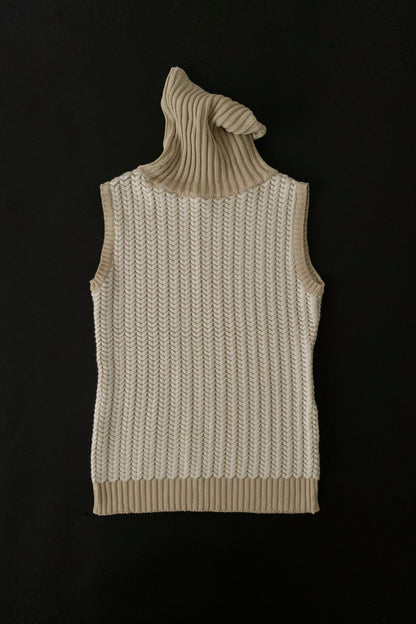 beige herringbone high neck knit vest