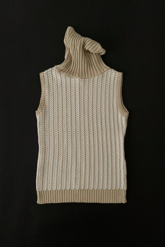 beige herringbone high neck knit vest