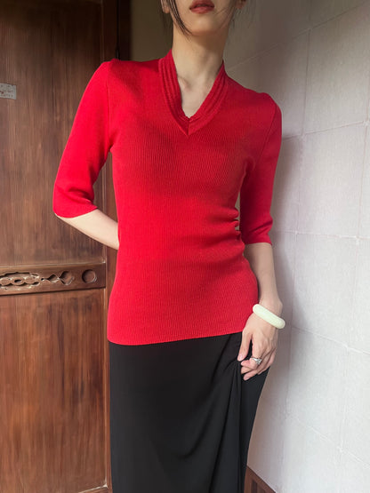 red half sleeve v neck rib tops