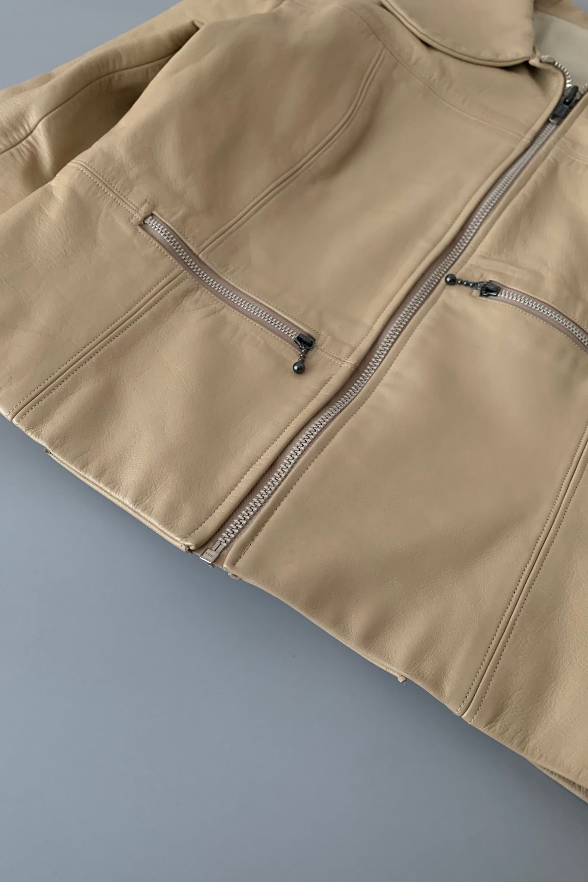 cream leather round collar jacket
