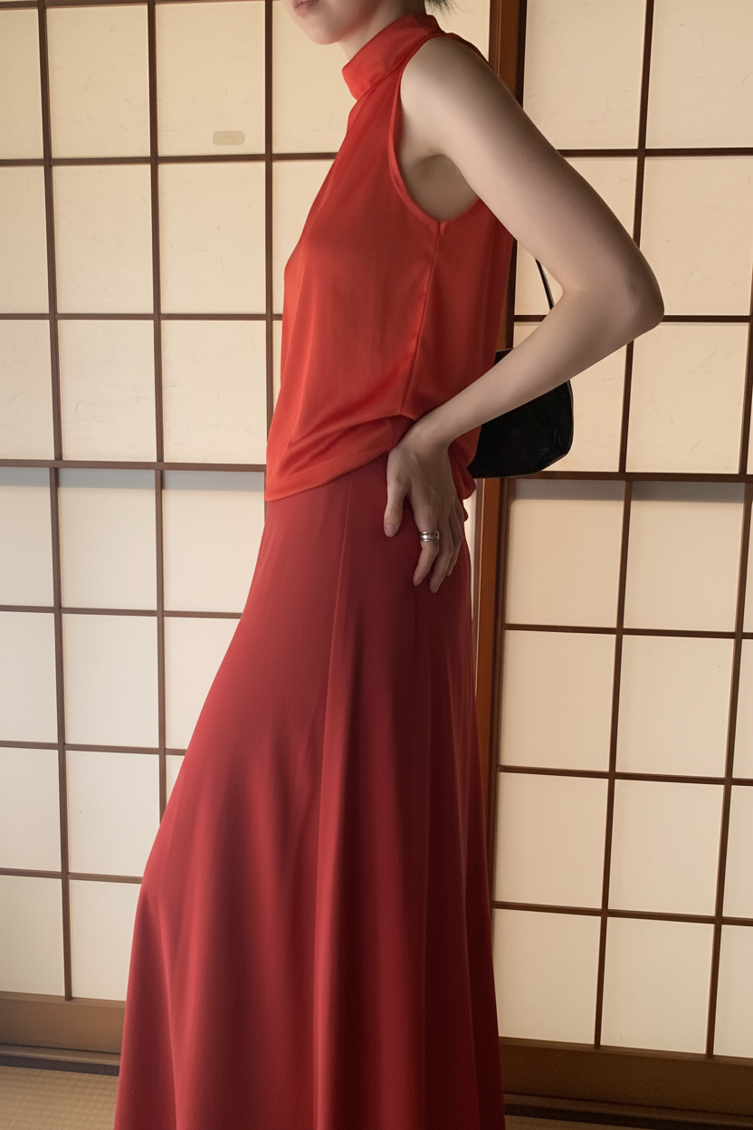 赤いロングスカートコーデ