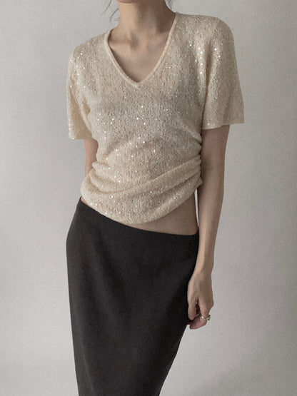 cream sequins kint wool tops