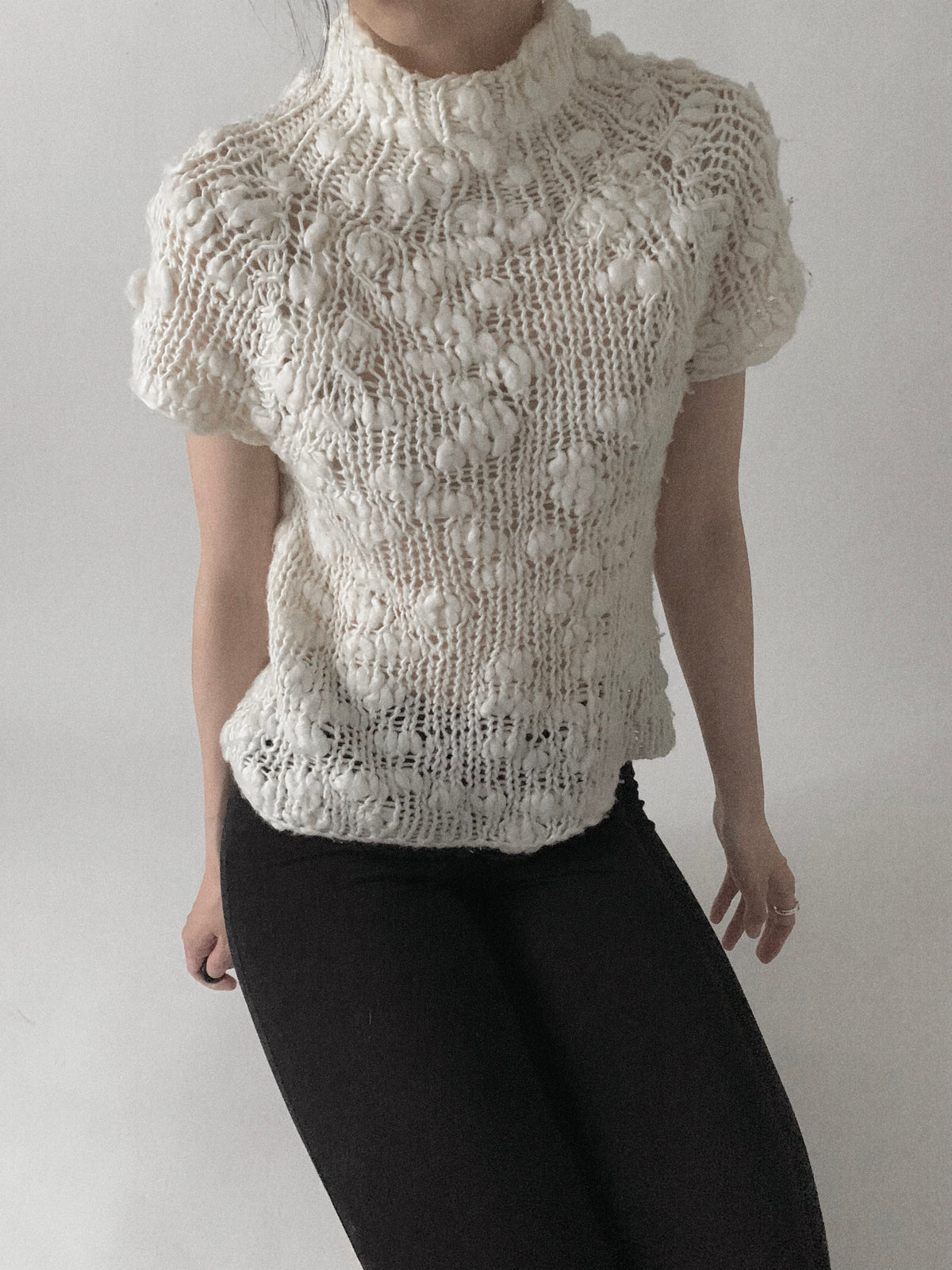 ivory openwork knit tops