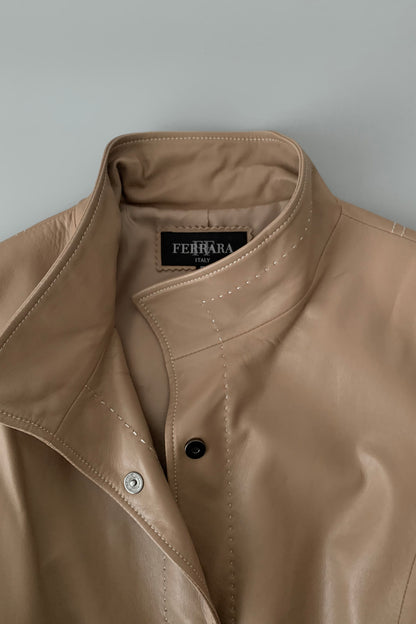 pink brown lamb leather stitch coat