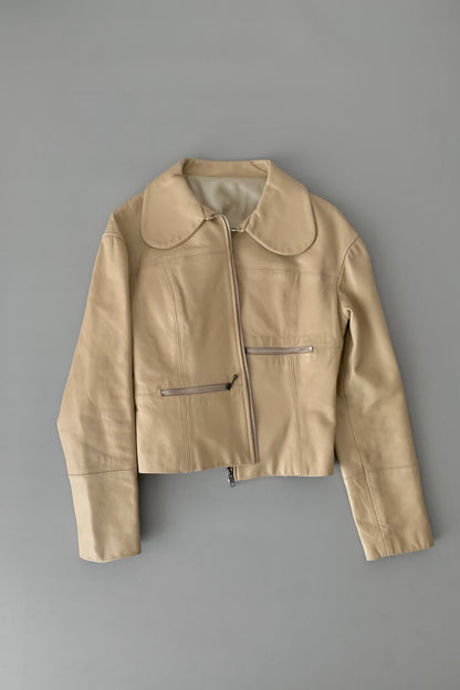 cream leather round collar jacket