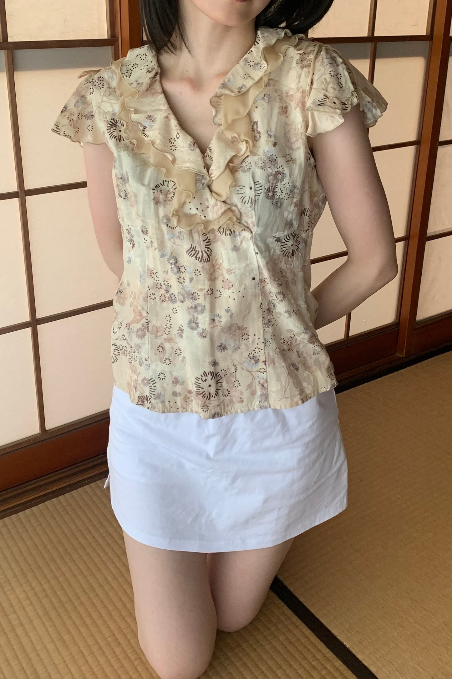 beige flower frill blouse