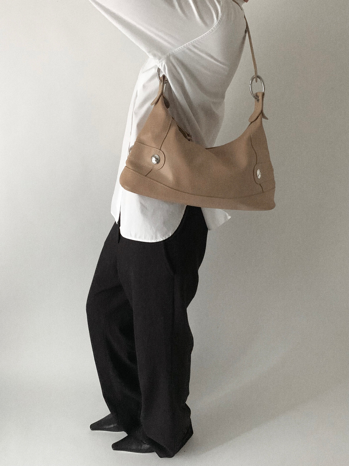 camel brown leather silver pointed bag