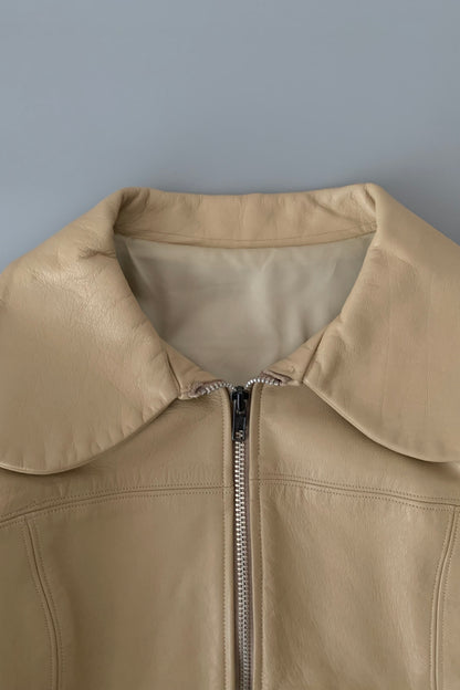 cream leather round collar jacket