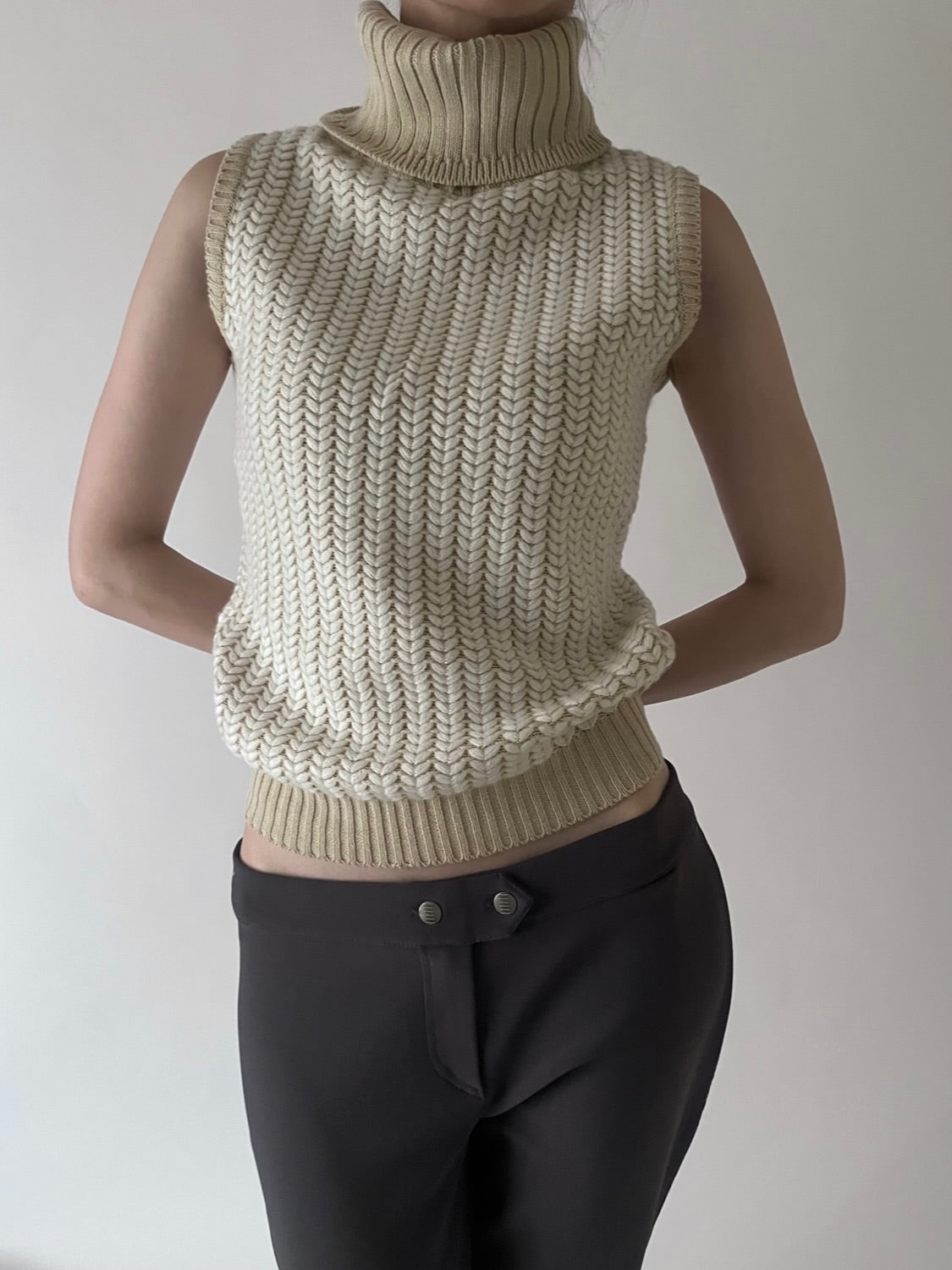 beige herringbone high neck knit vest