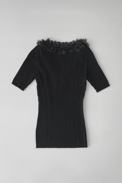 black wool v neck lace knit tops