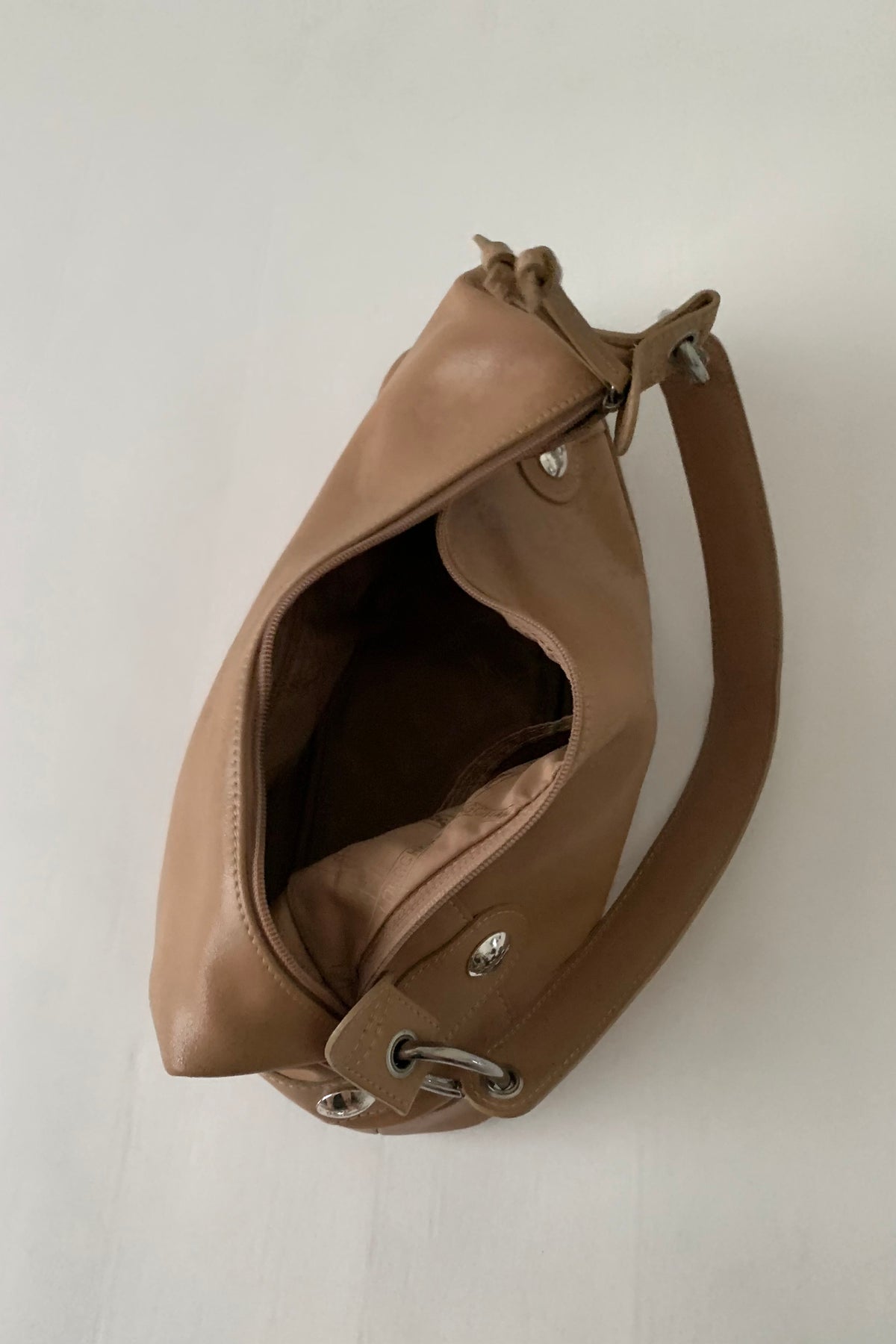 camel brown leather silver pointed bag