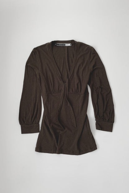 khaki brown v neck puff sleeve tops