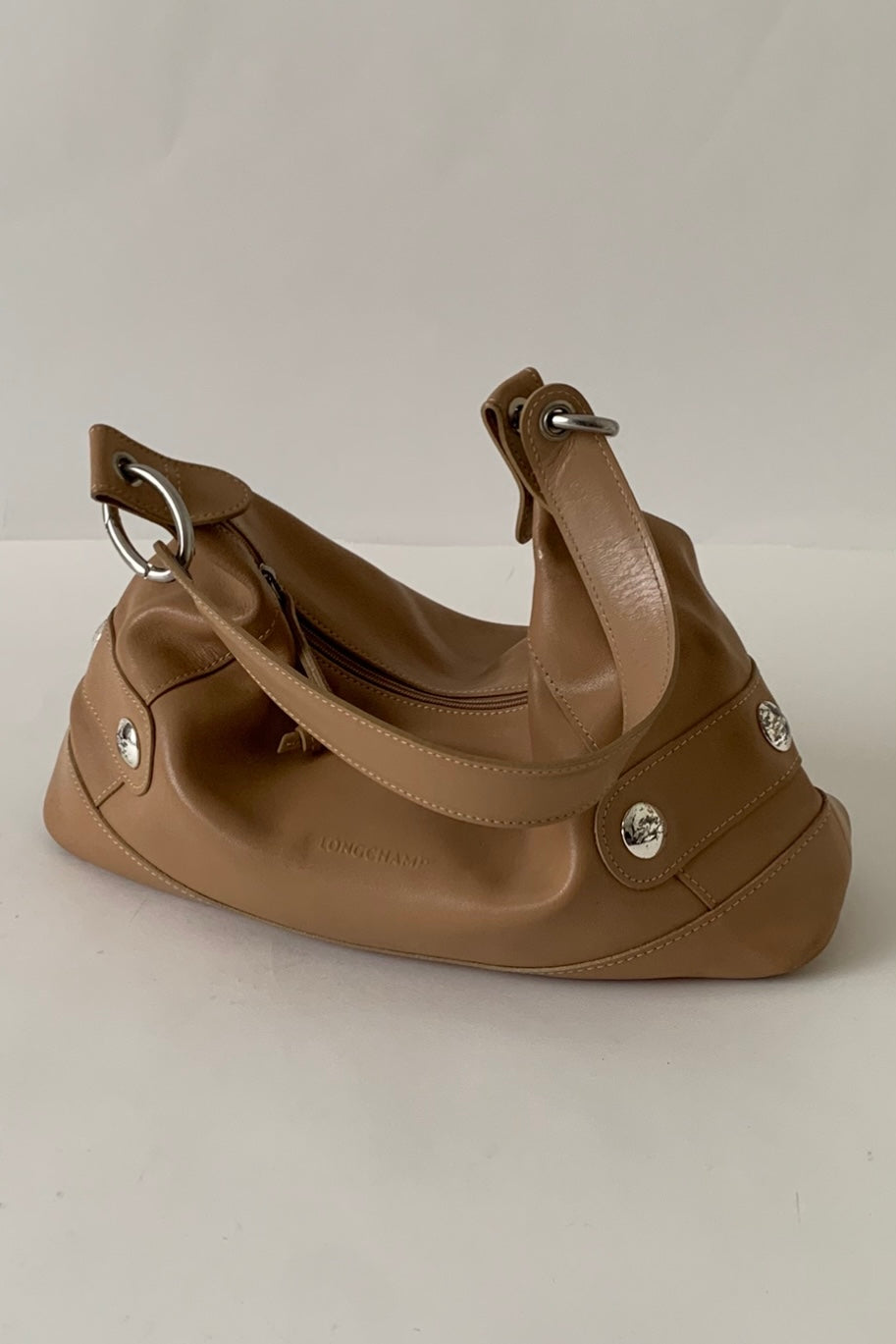 camel brown leather silver pointed bag