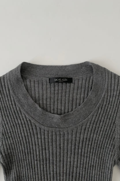 gray rib round neck knit tops